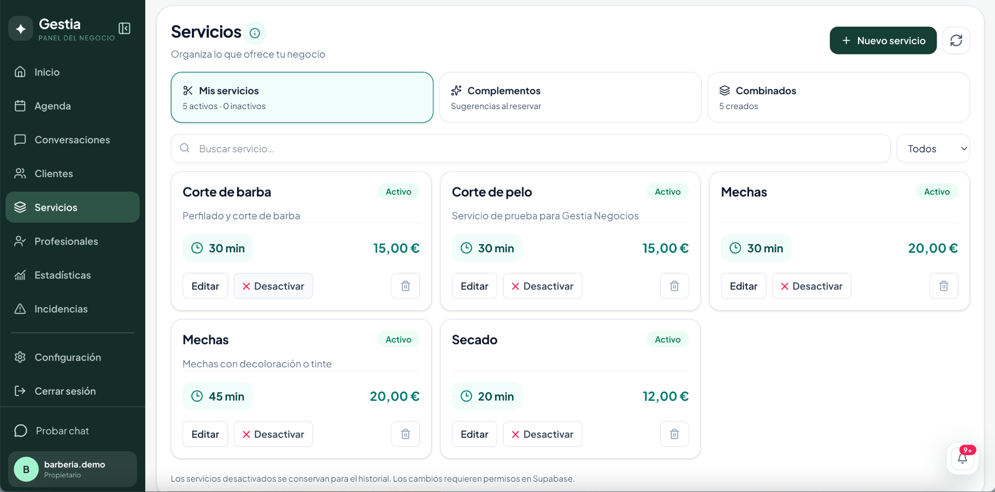 Pantalla de Servicios de Gestia Negocios